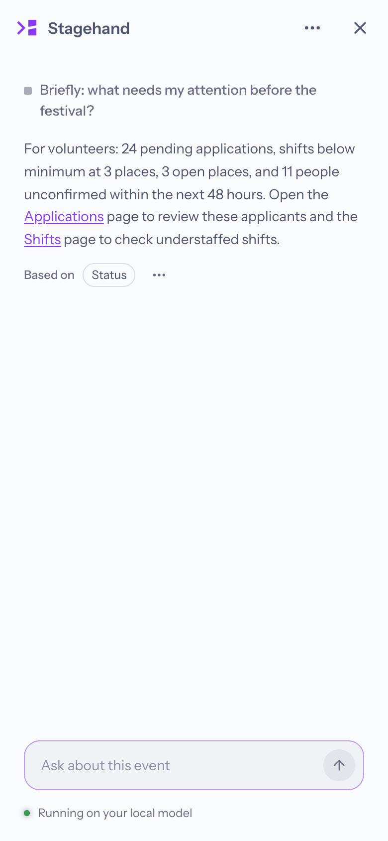 What needs attention before the festival, answered from the event's live data, each figure linked to the page it comes from.