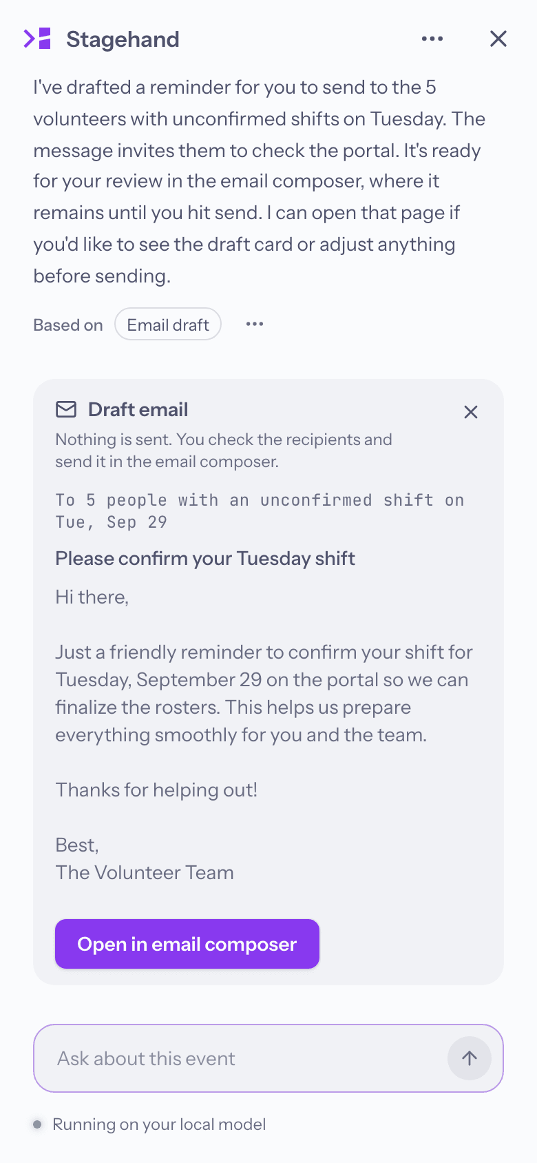 An email drafted for the volunteers who have not confirmed yet. Nothing is sent: the organiser reviews it in the composer.