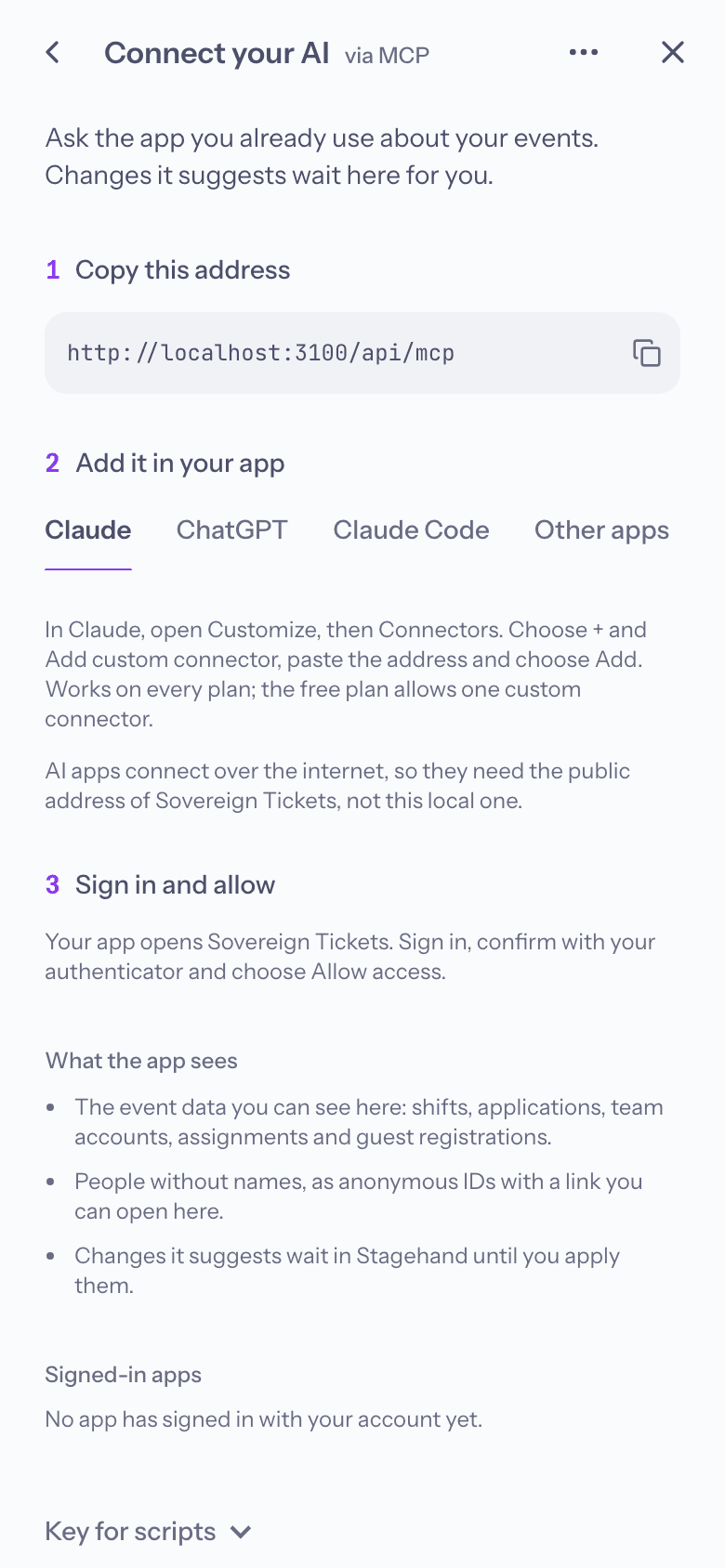 Using Stagehand from Claude or ChatGPT over MCP: copy the address, add it in the app, sign in and allow.